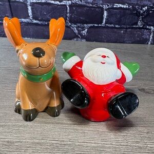 Vintage 90s Ceramic Reindeer and Santa Salt and Pepper Shakers